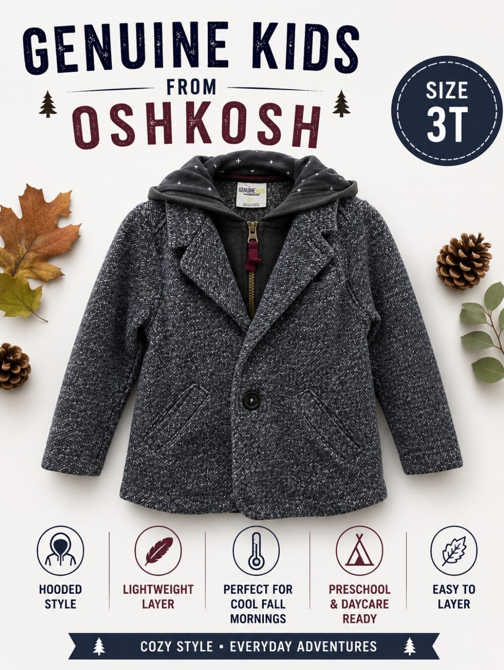 Genuine Kids OshKosh Gray Hooded Layering Jacket Marled Knit 3T Fall Preschool